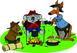 Cartoon Mates Kangaroo, Koala And Wombat Sharing A Billy Tea And Damper Around A Fire