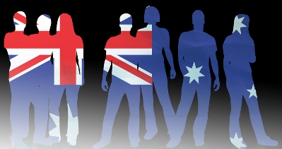 Australian People In Front Of Australian Flag