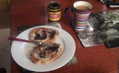 Vegemite on Toast with a cup of Tea