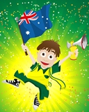 Illustration of an Australian waving a flag with the a background of the Australian National Colours of Green & Gold