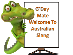 Cartoon Aussie Crocodile Holding A Sign That Says 'G'Day Mate Welcome To Australian Slang